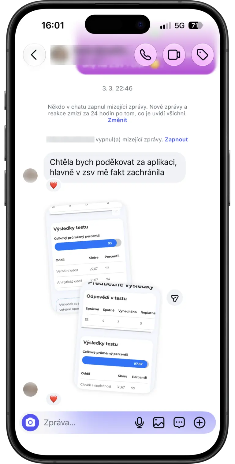 Zpětná vazba od studentky: Chtěla bych poděkovat za aplikaci, hlavně u ZSV mě fakt zachránila.