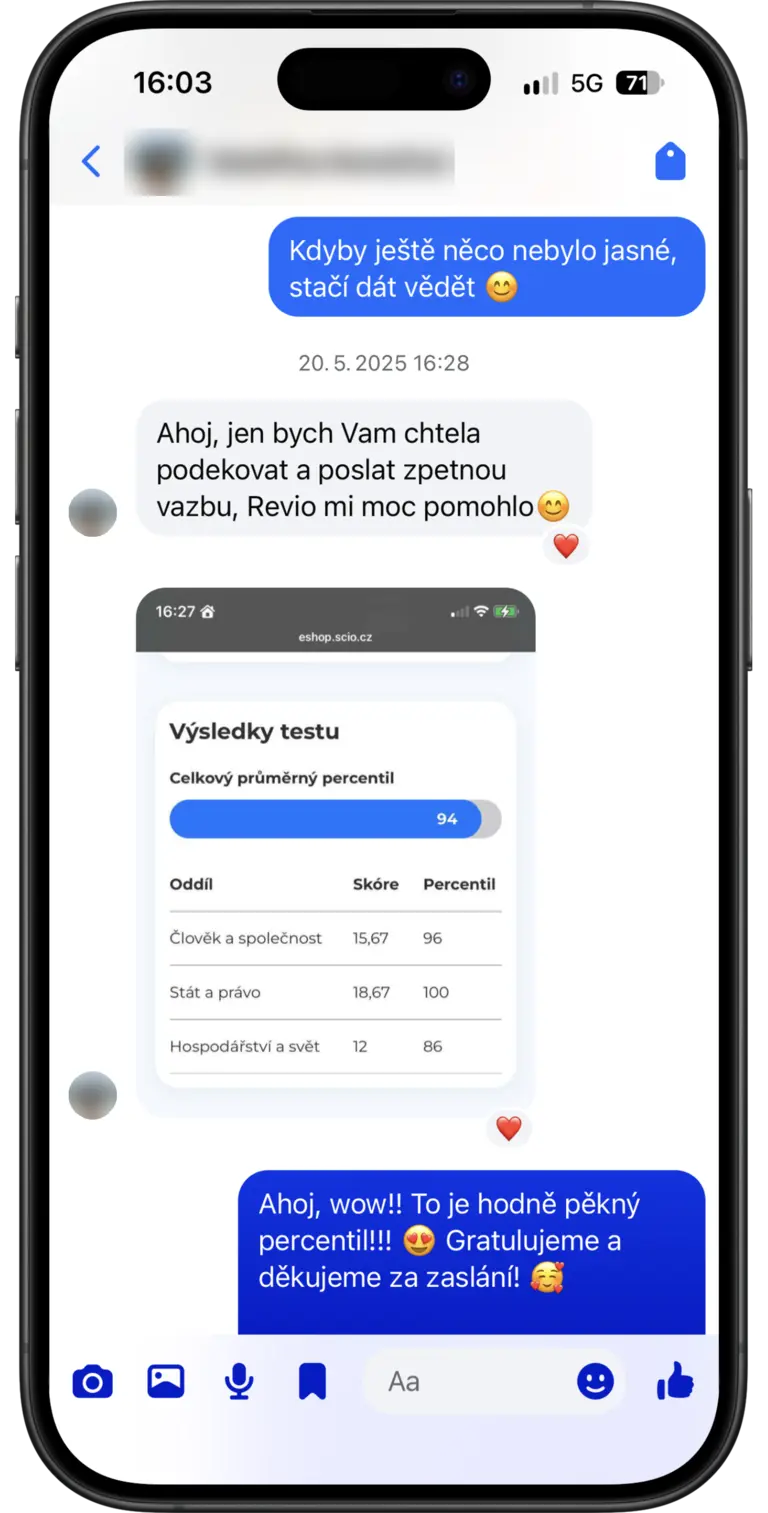 Zpětná vazba od studentky: Jen bych Vám chtěla poděkovat a poslat zpětnou vazbu, Revio mi moc pomohlo.